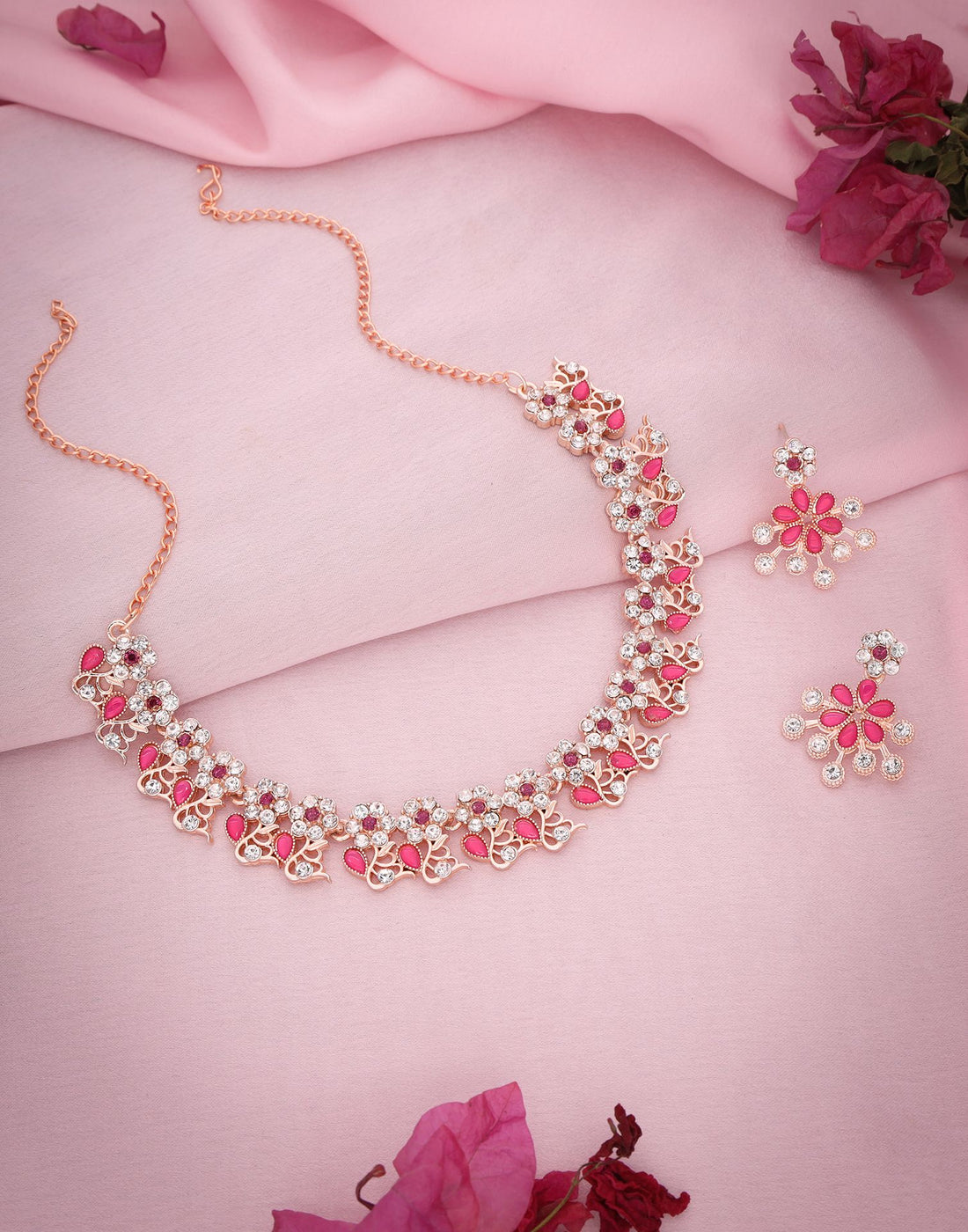 Pink Rose Gold Choker Necklace Set With Dangle Earring