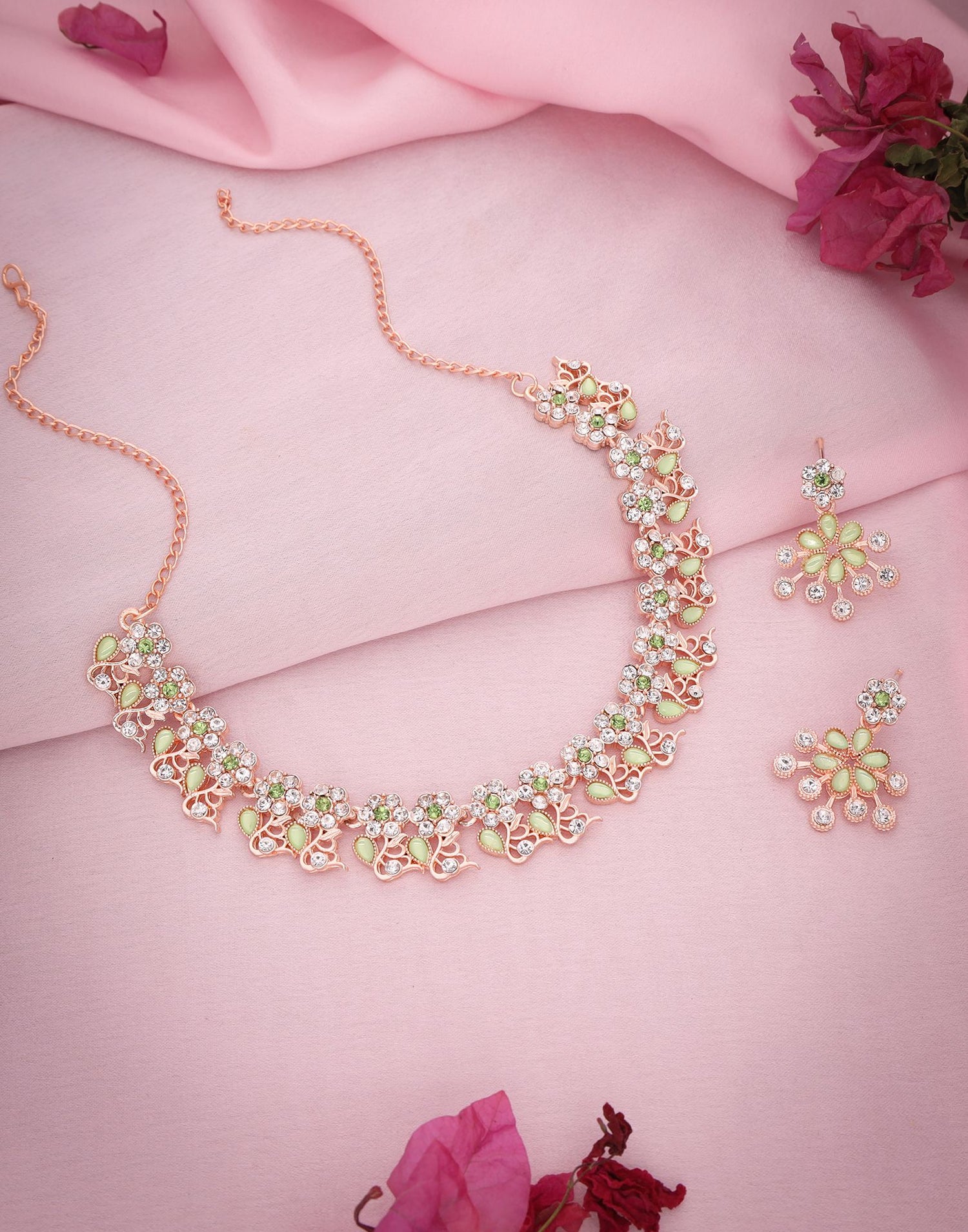 Green Rose Gold Choker Necklace Set With Dangle Earring