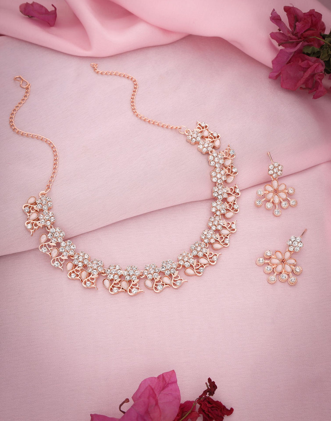 White Rose Gold Choker Necklace Set With Dangle Earring