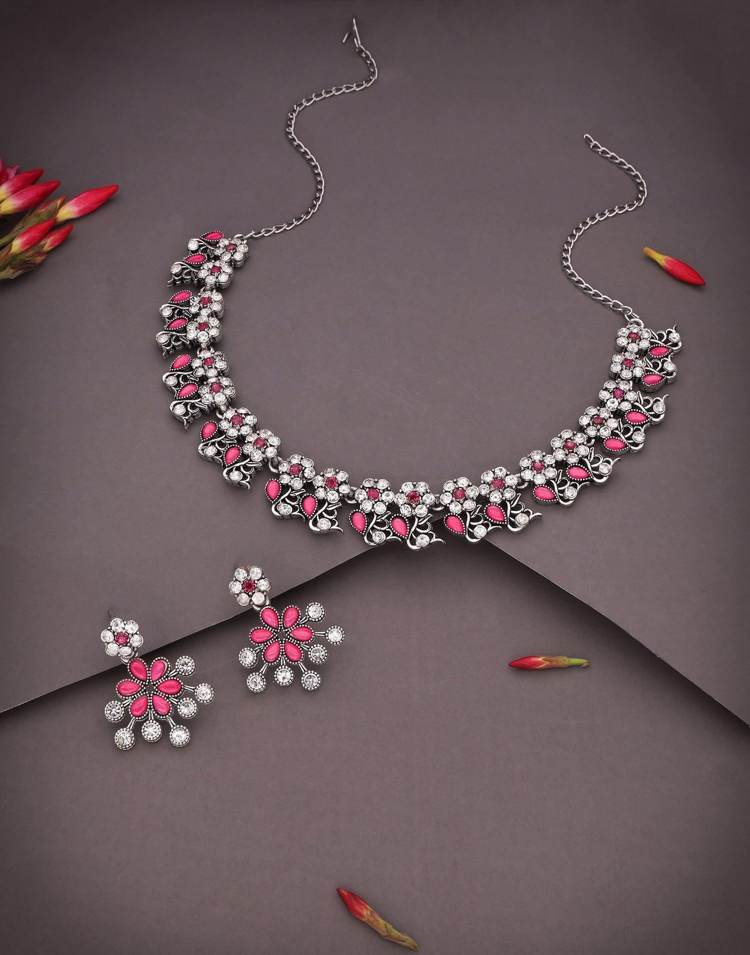 Pink Silver Choker Necklace Set With Dangle Earring