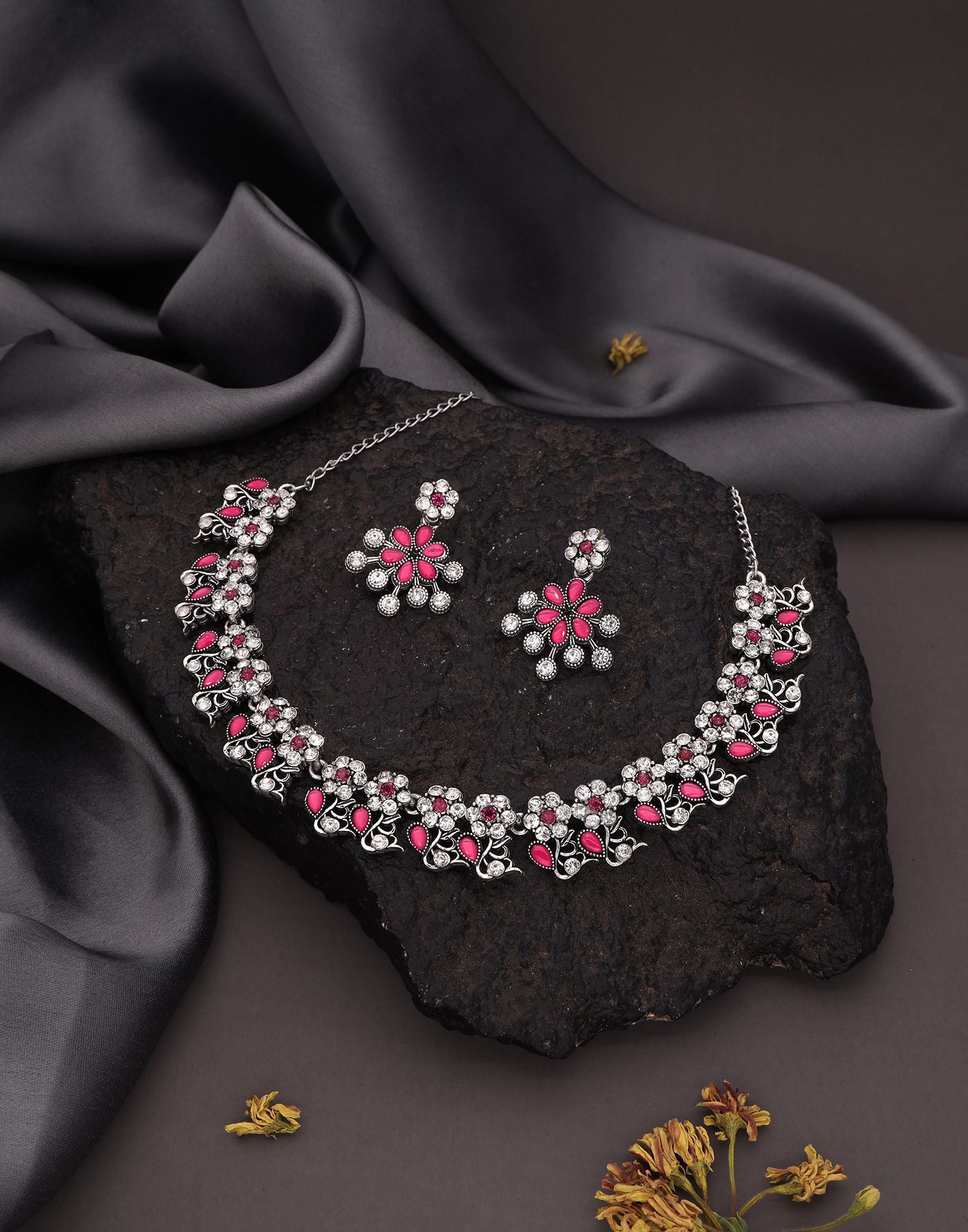 Pink Silver Choker Necklace Set With Dangle Earring