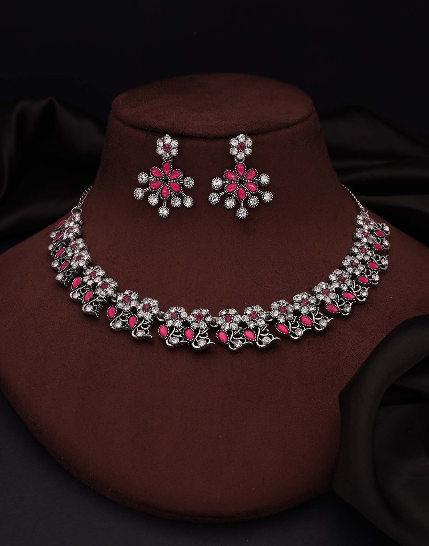 Pink Silver Choker Necklace Set With Dangle Earring