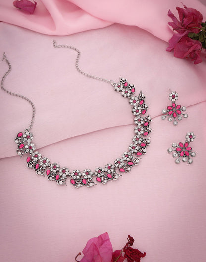 Pink Silver Choker Necklace Set With Dangle Earring