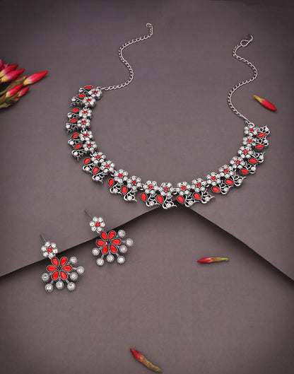 Red Silver Choker Necklace Set With Dangle Earring