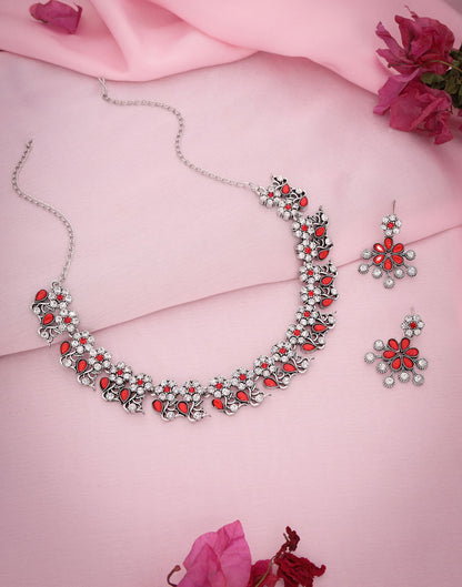 Red Silver Choker Necklace Set With Dangle Earring