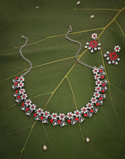 Red Silver Choker Necklace Set With Dangle Earring