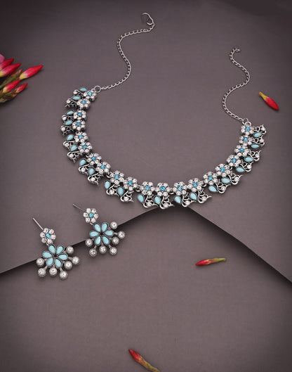 Blue Silver Choker Necklace Set With Dangle Earring