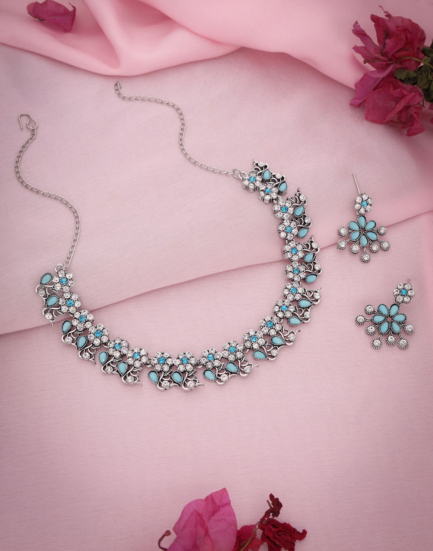 Blue Silver Choker Necklace Set With Dangle Earring