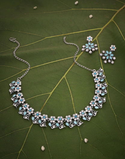 Blue Silver Choker Necklace Set With Dangle Earring