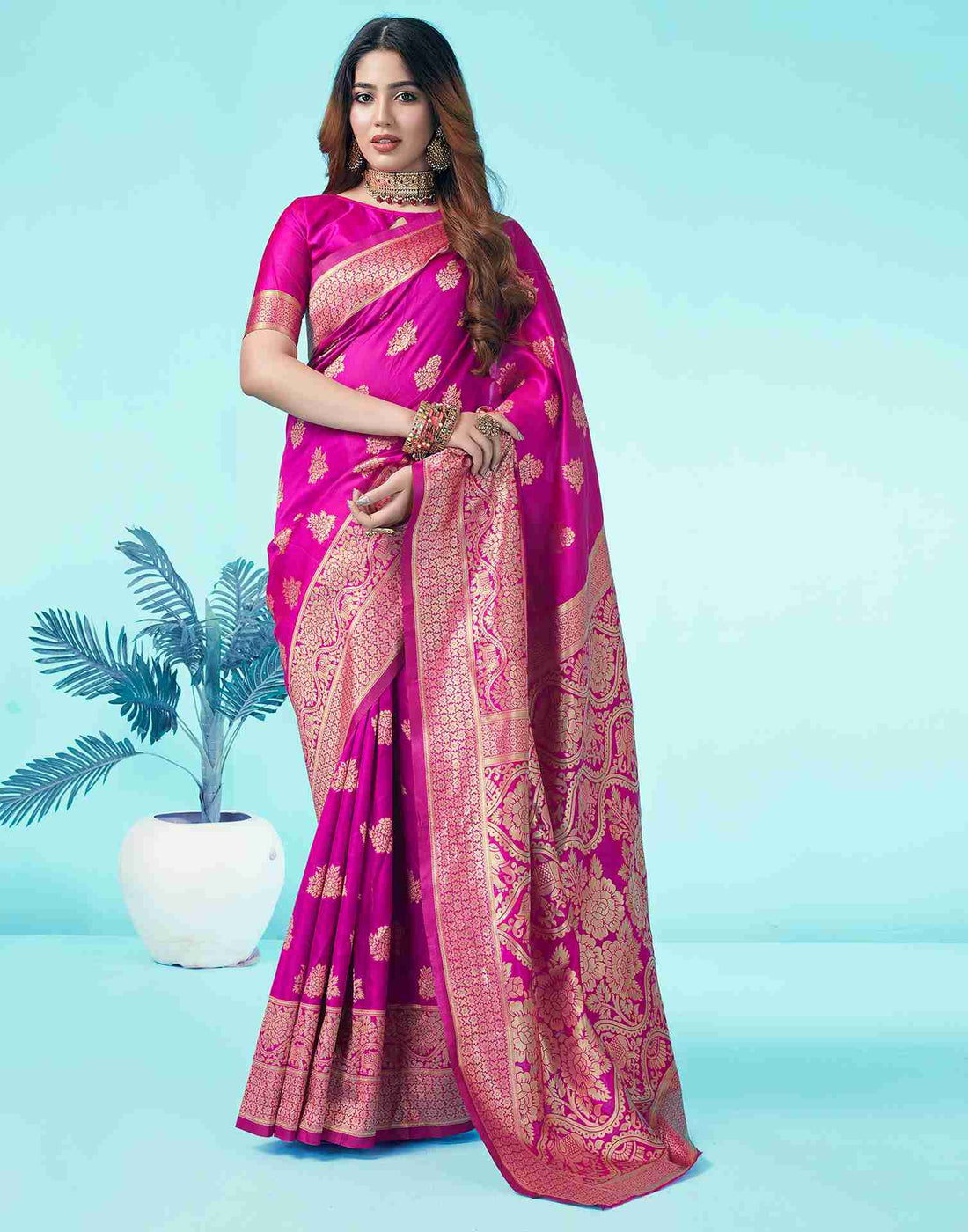 B1G1 Rani Pink Jacquard Silk Saree