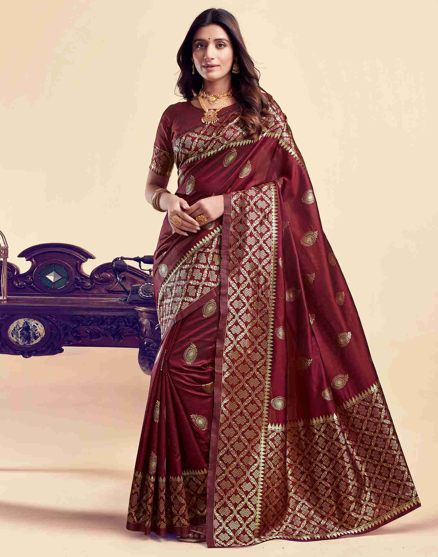 Dark Maroon Silk Woven Saree