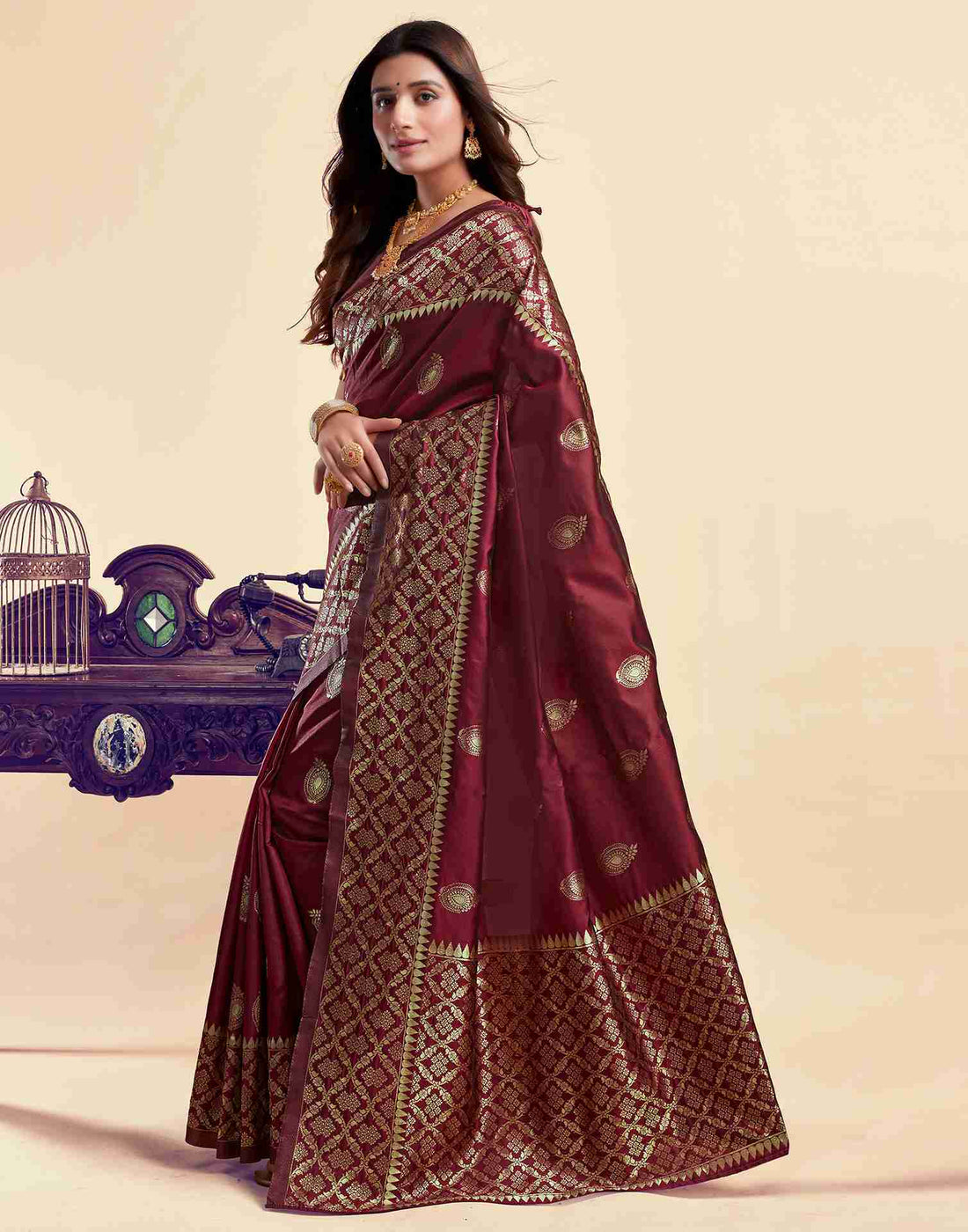 Dark Maroon Silk Woven Saree