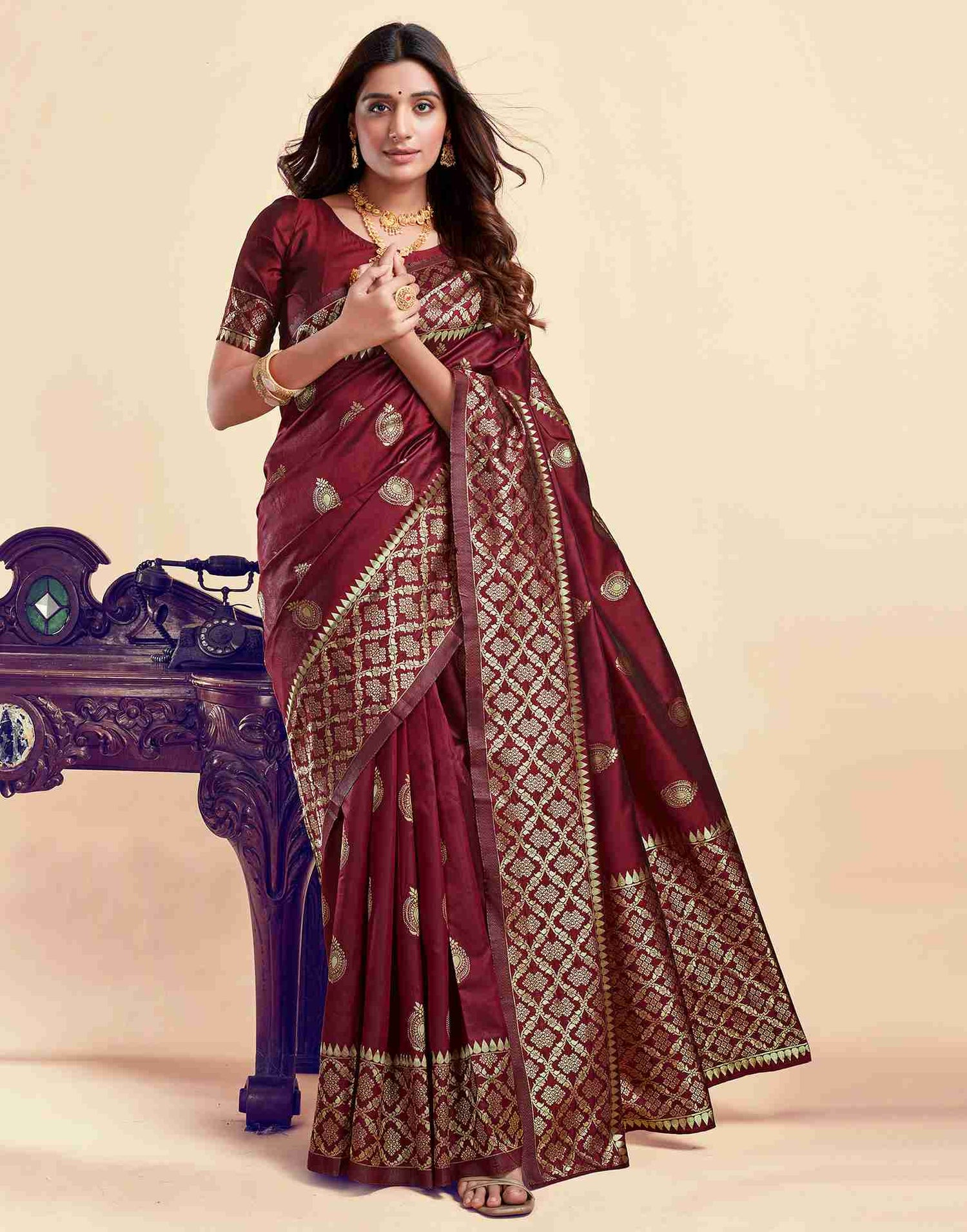 Dark Maroon Silk Woven Saree