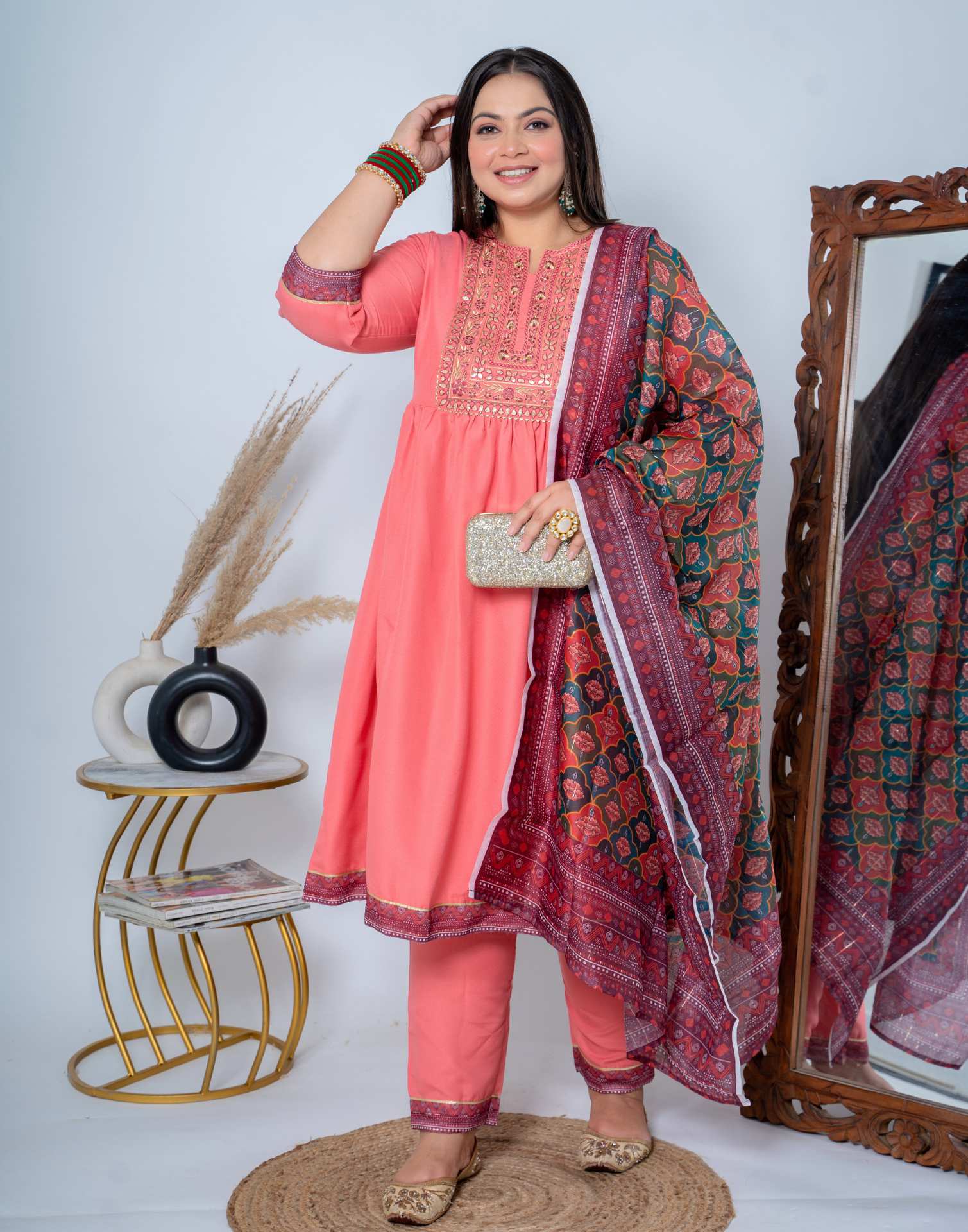 Peach Kurti With Pant And Dupatta | Leemboodi