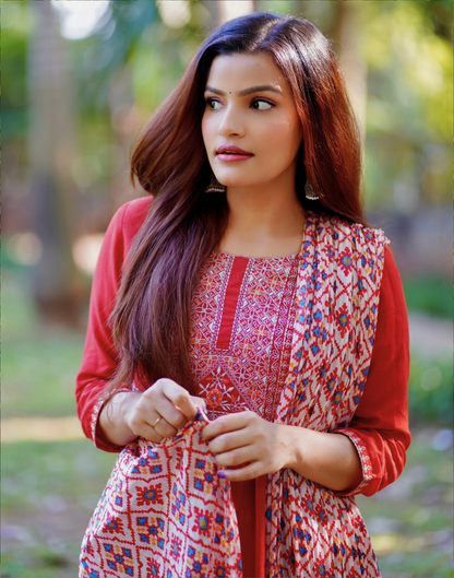 Orange Embroidery Flared Kurta With Pant And Dupatta