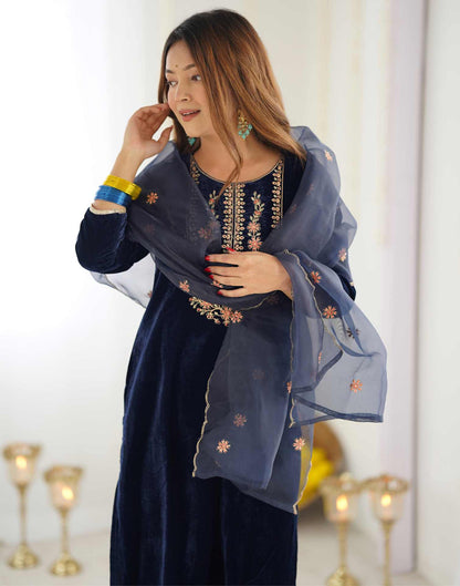 Navy Blue Kurti With Pant And Dupatta