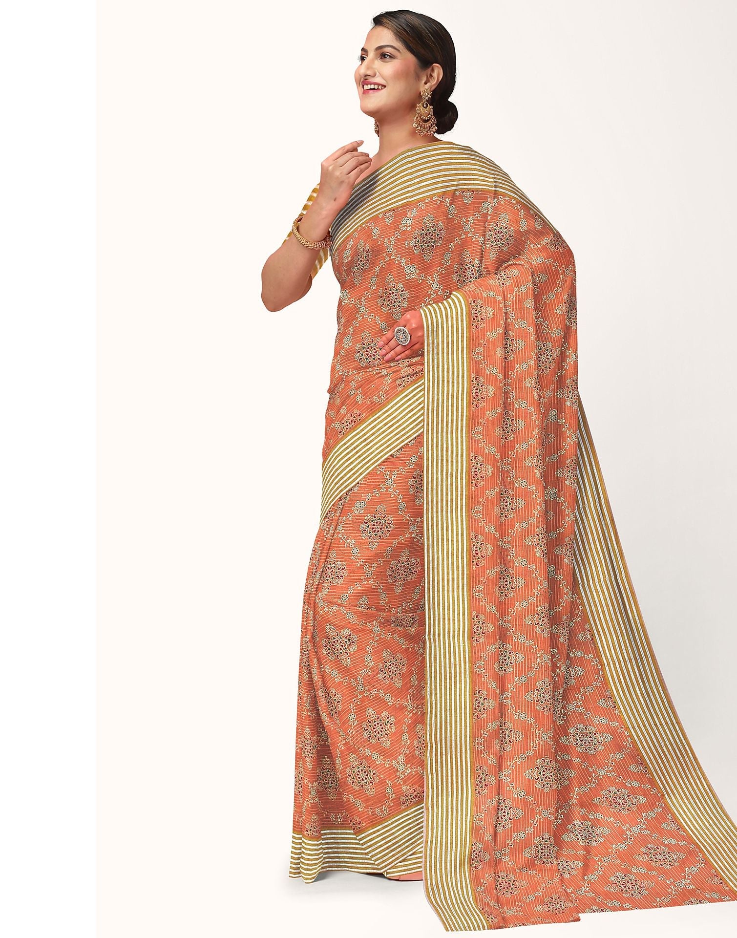 Orange Cotton Printed Saree | Sudathi