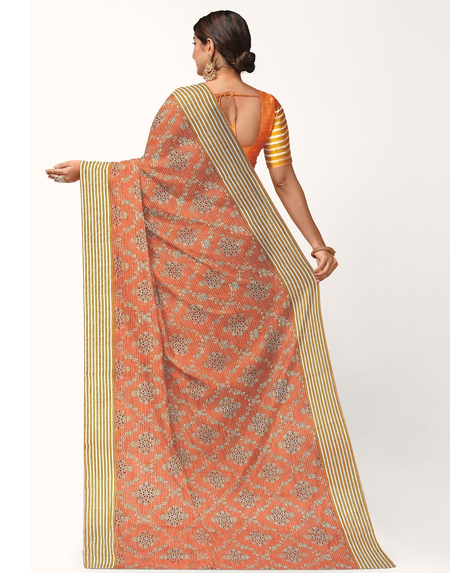 Orange Cotton Printed Saree | Sudathi