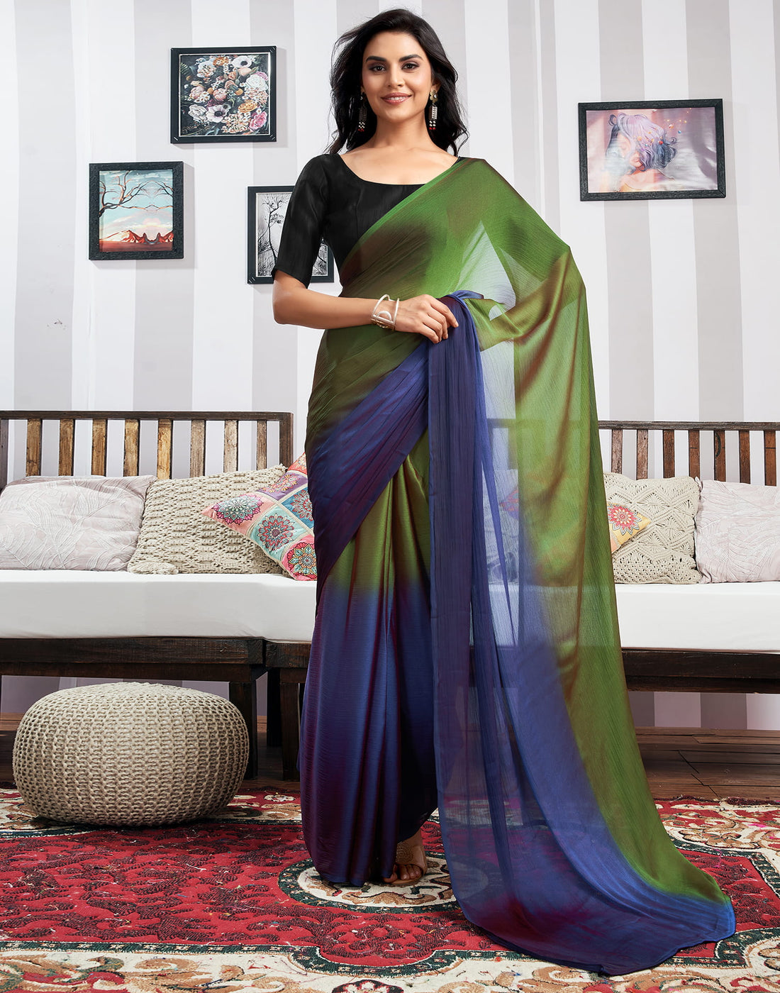 Ready to Wear Green Chiffon Saree