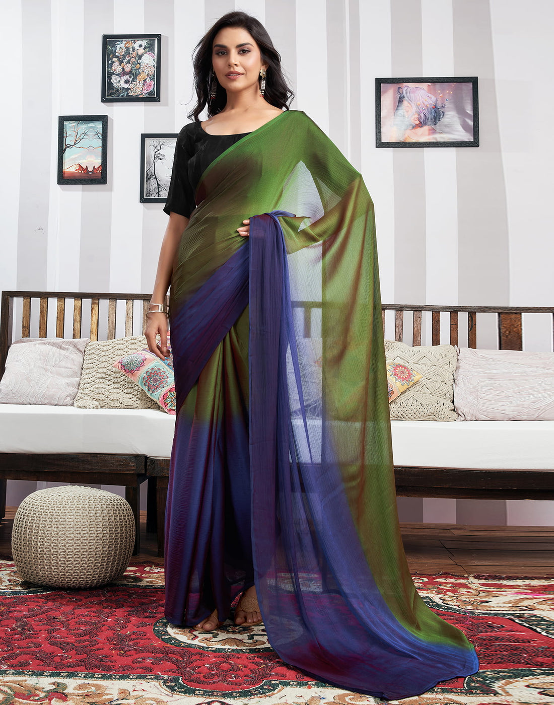 Ready to Wear Green Chiffon Saree