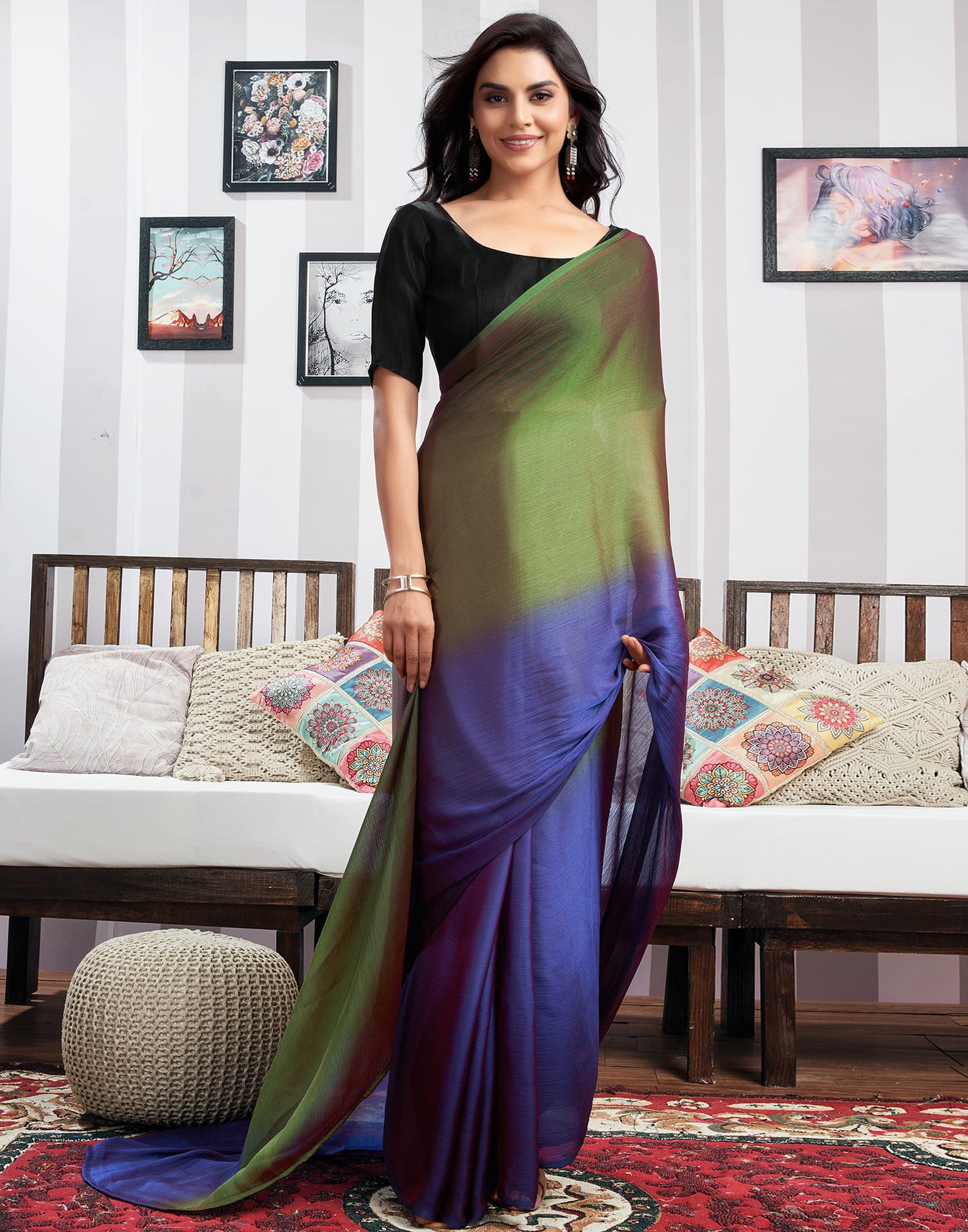 Ready to Wear Green Chiffon Saree