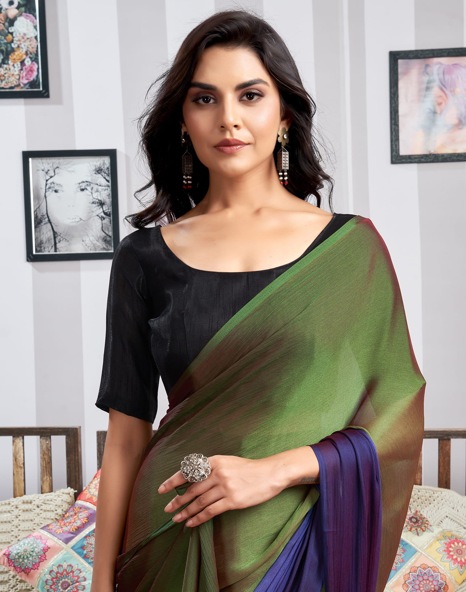 Ready to Wear Green Chiffon Saree