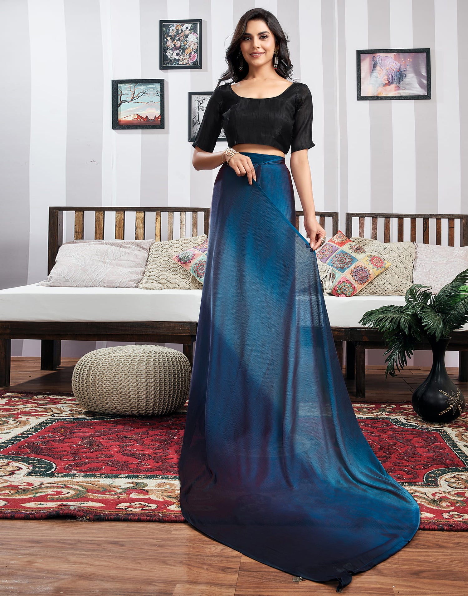 Ready to Wear Blue Chiffon Plain Dual Tone Saree