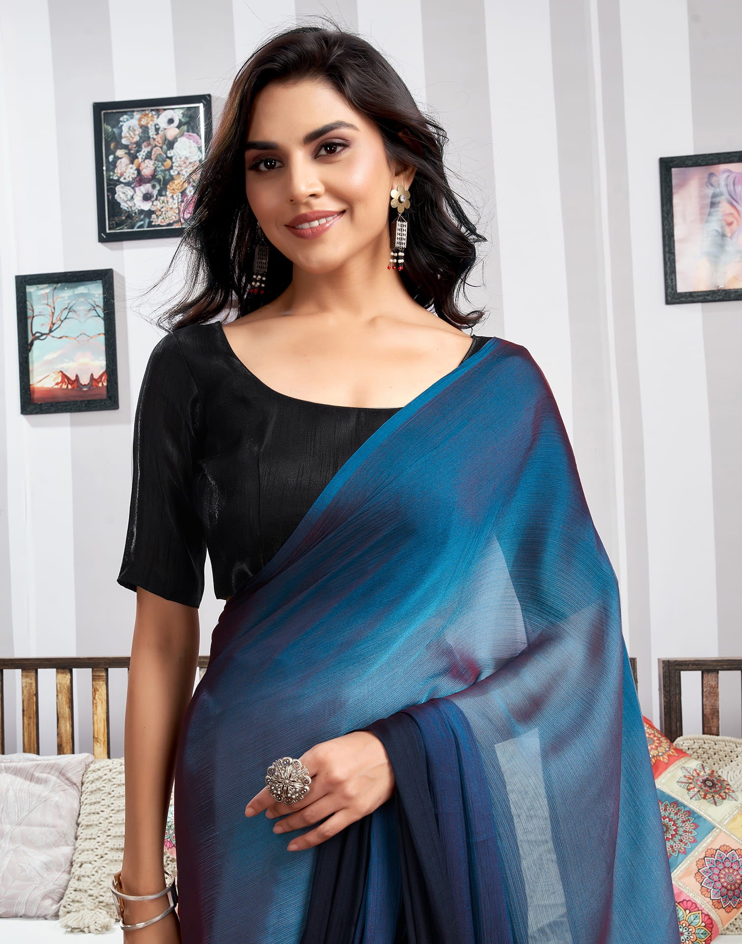 Ready to Wear Blue Chiffon Plain Dual Tone Saree