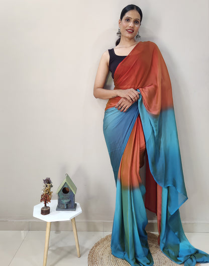 Ready to Wear Orange Chiffon Plain Dual Tone Saree