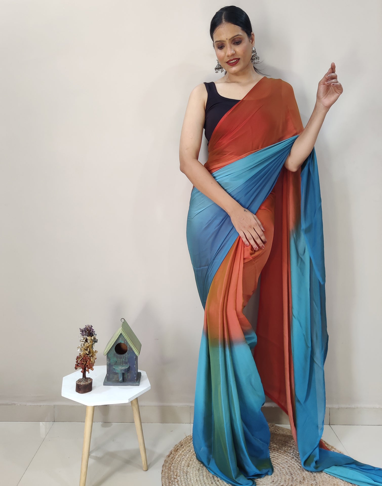 Ready to Wear Orange Chiffon Plain Dual Tone Saree