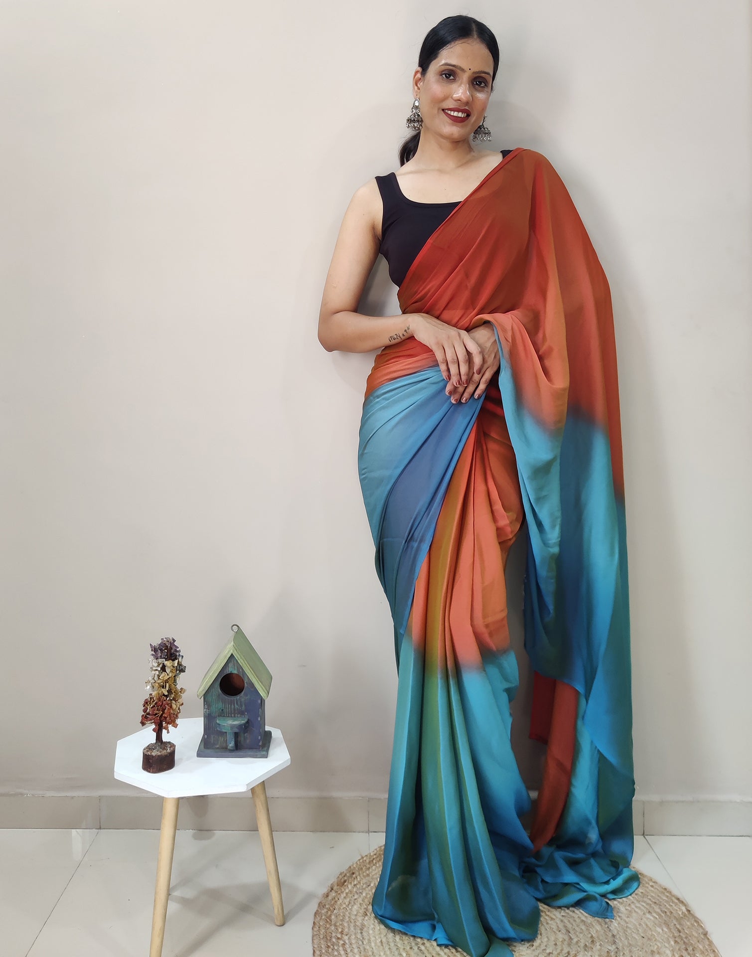 Ready to Wear Orange Chiffon Plain Dual Tone Saree