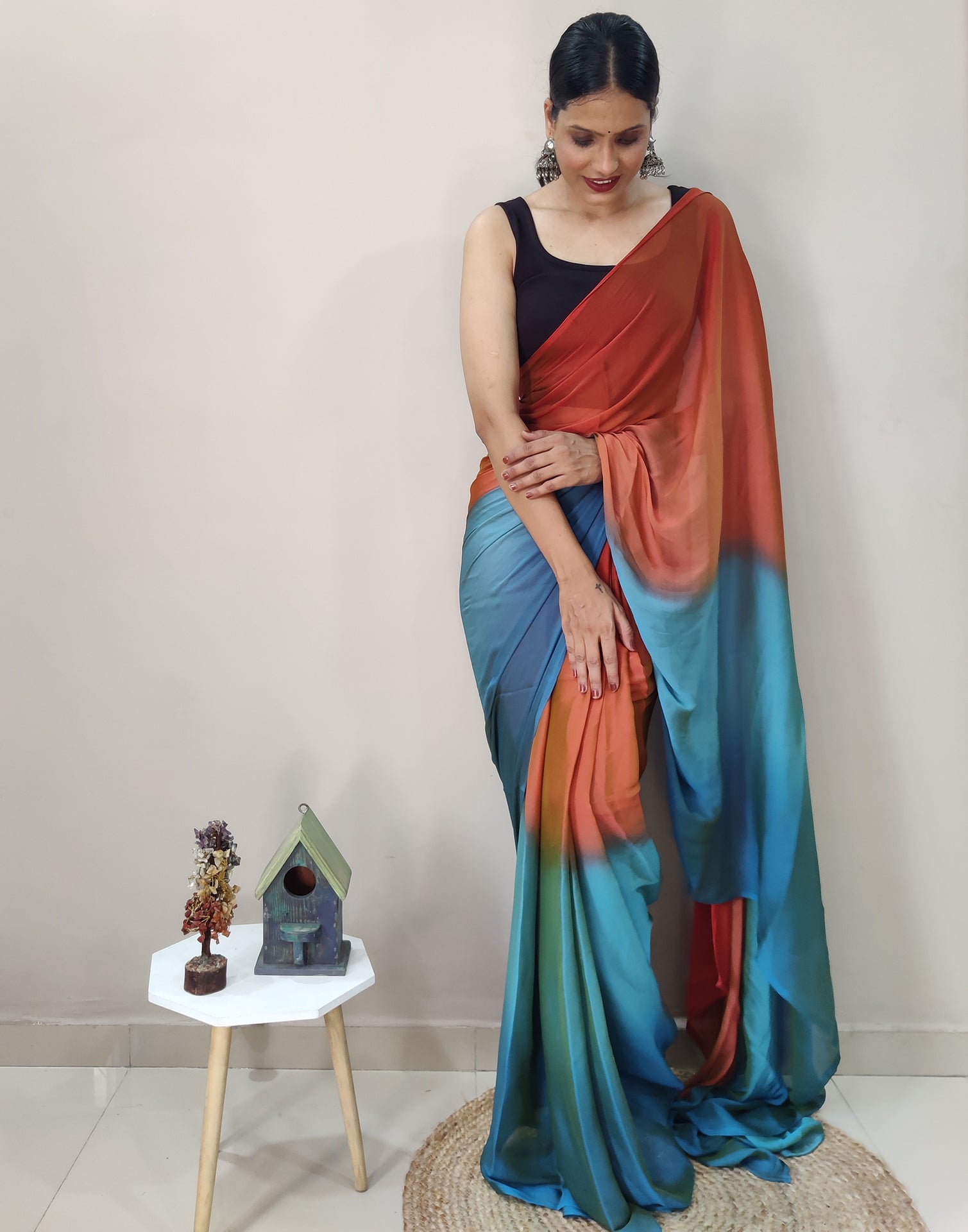 Ready to Wear Orange Chiffon Plain Dual Tone Saree