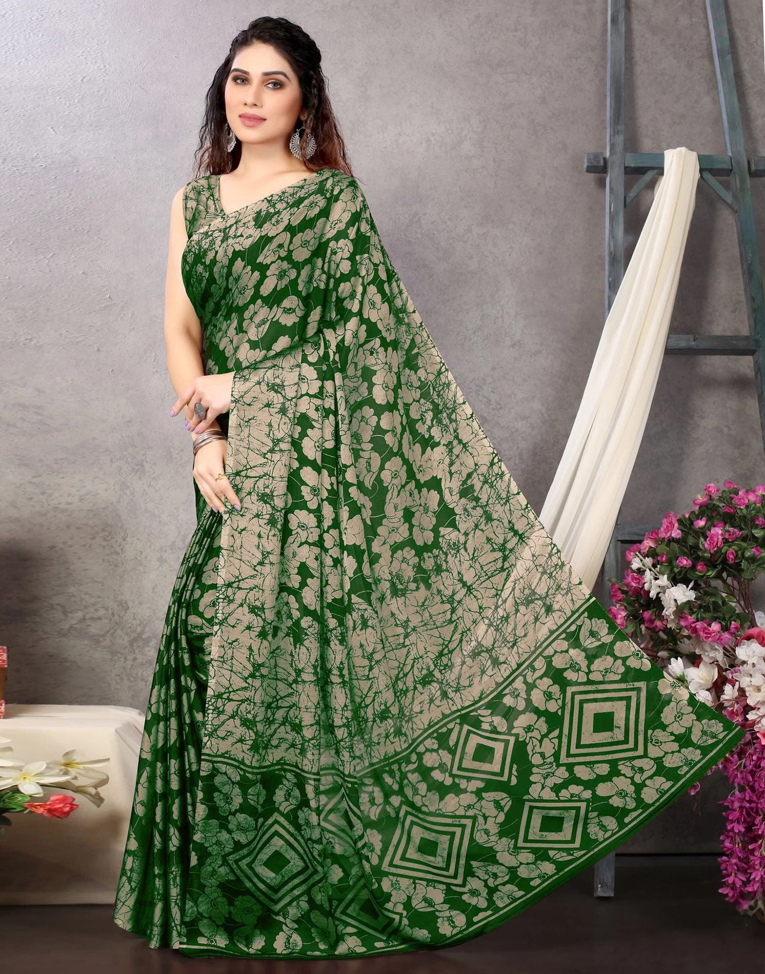 Green Chiffon Printed Saree | Sudathi
