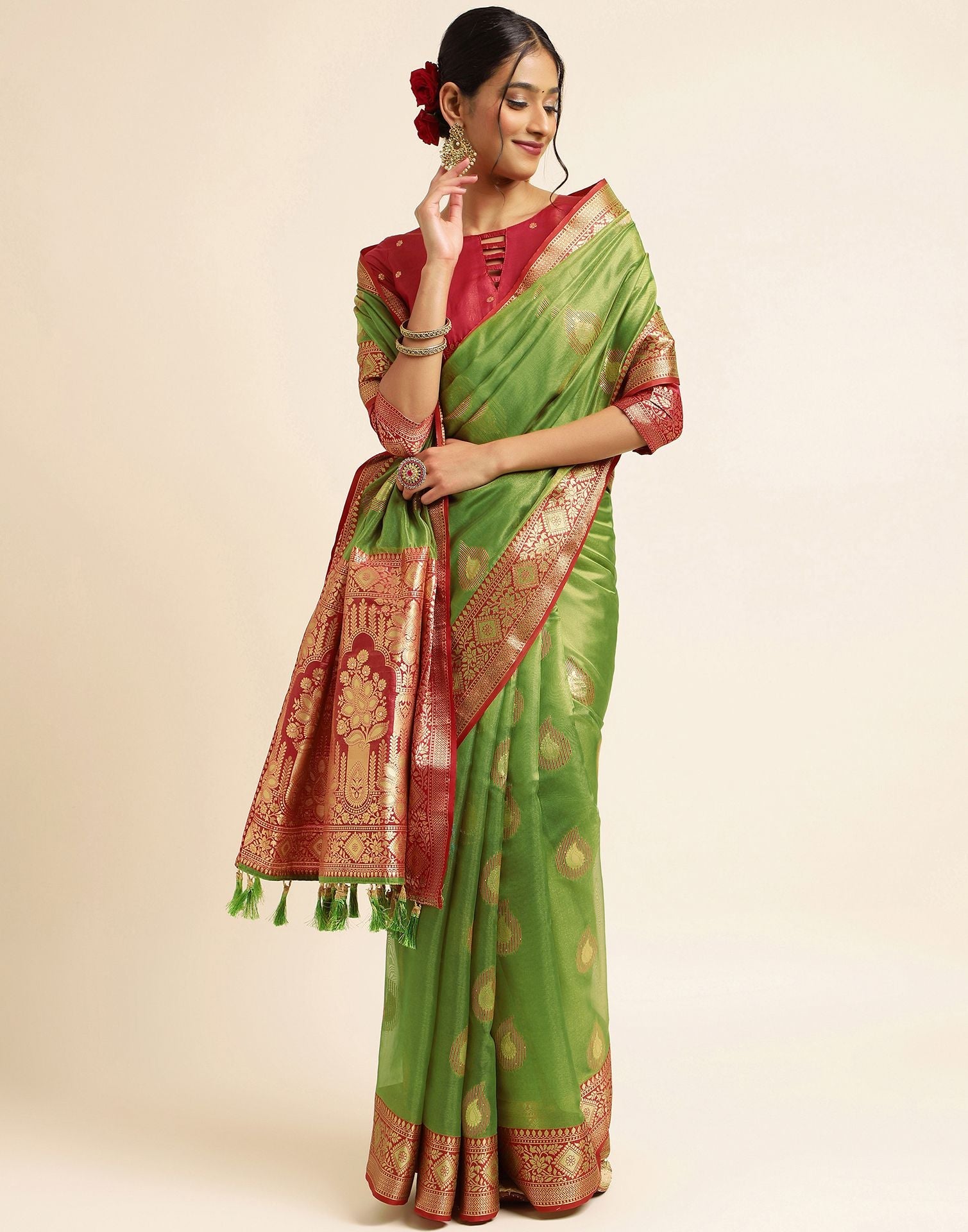 Olive Green Silk Banarasi Saree | Leemboodi