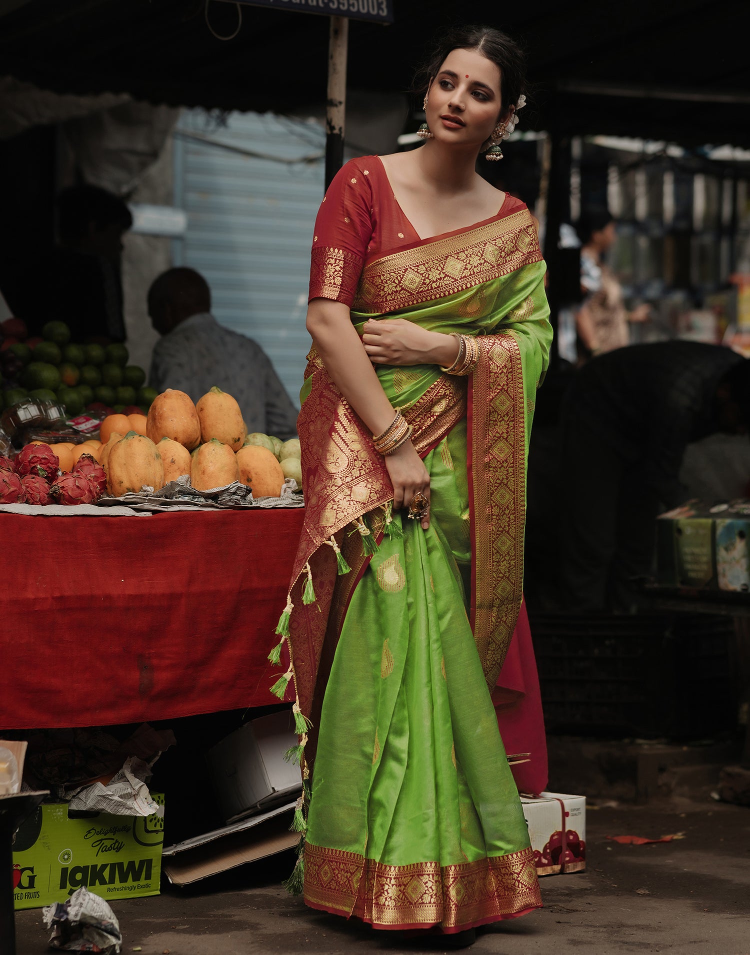 Olive Green Silk Banarasi Saree