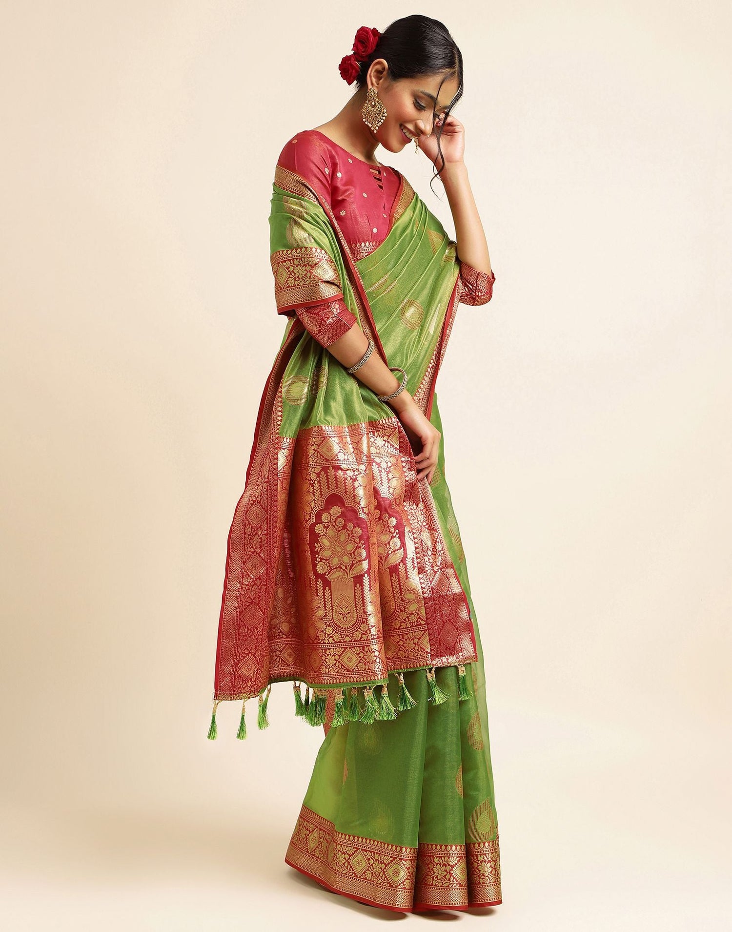 Olive Green Silk Banarasi Saree | Leemboodi