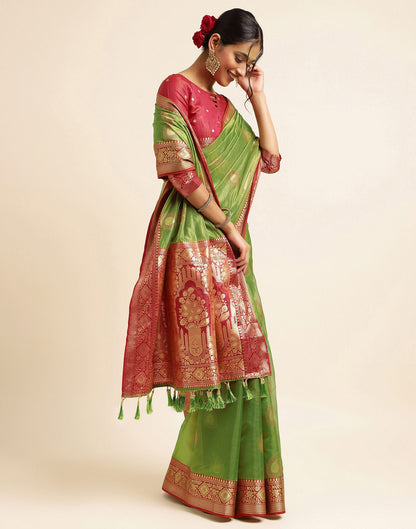 Olive Green Silk Banarasi Saree | Leemboodi