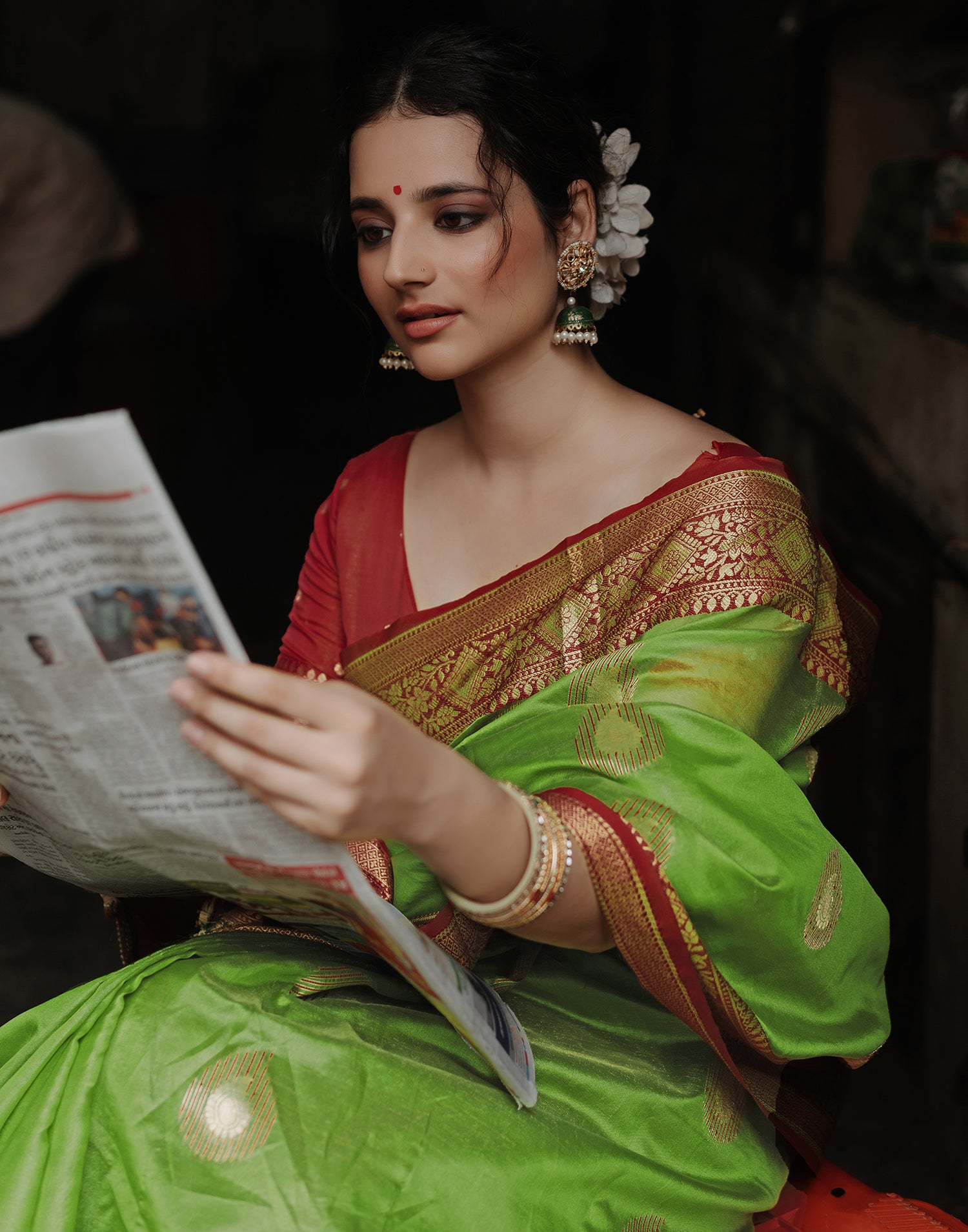 Olive Green Silk Banarasi Saree