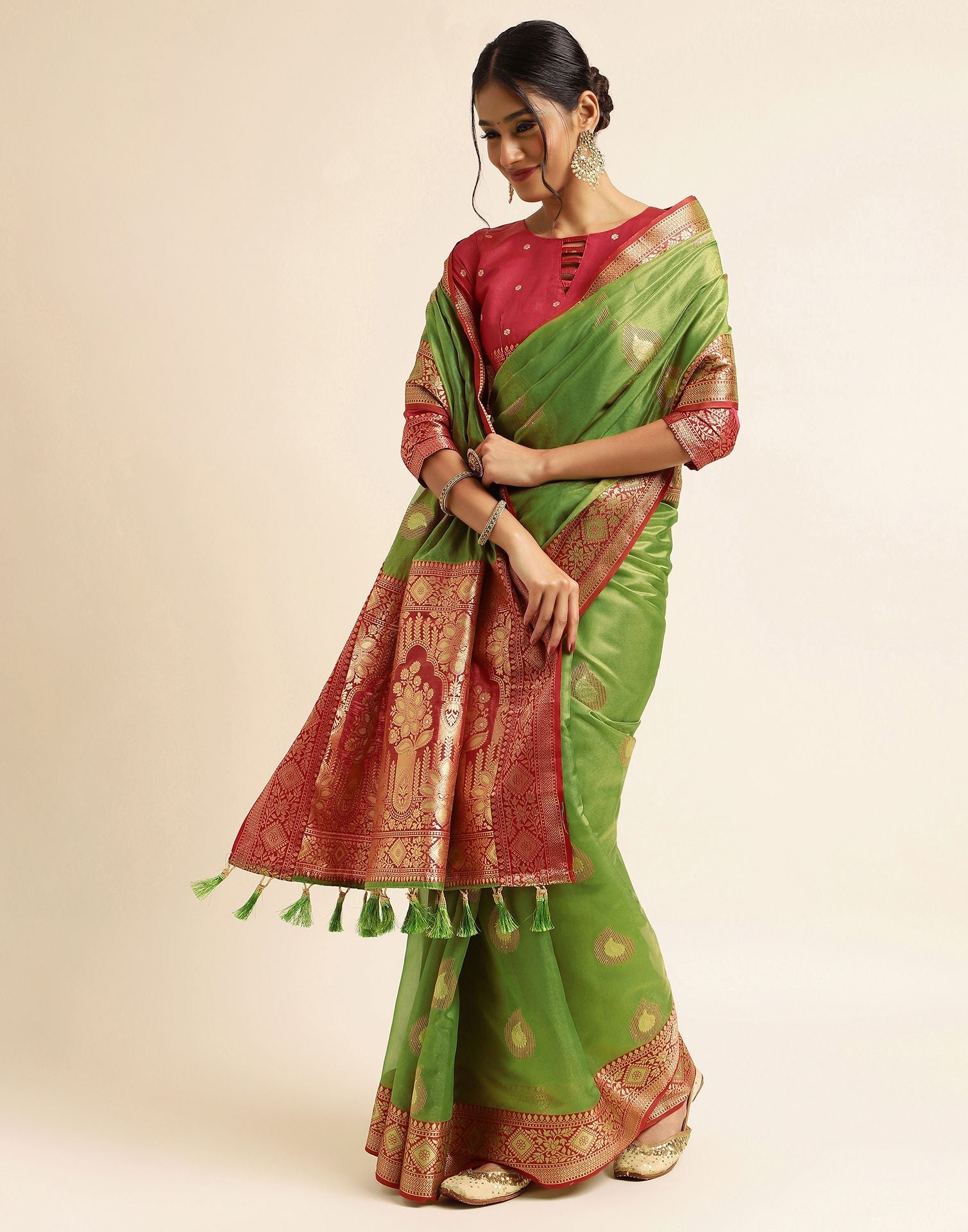 Olive Green Silk Banarasi Saree | Leemboodi