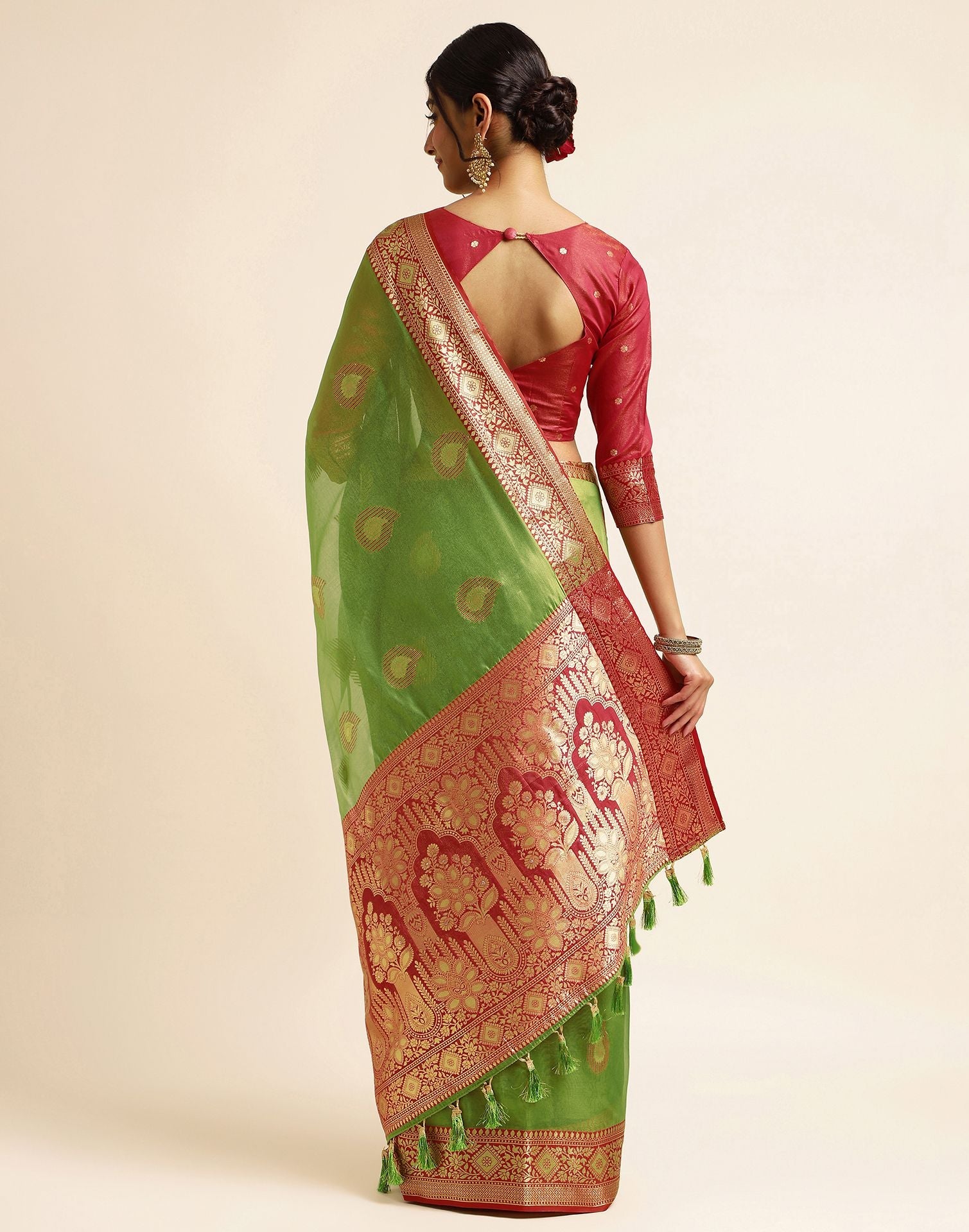 Olive Green Silk Banarasi Saree | Leemboodi