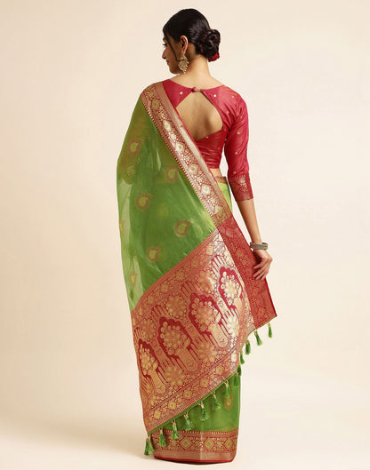 Olive Green Silk Banarasi Saree | Leemboodi