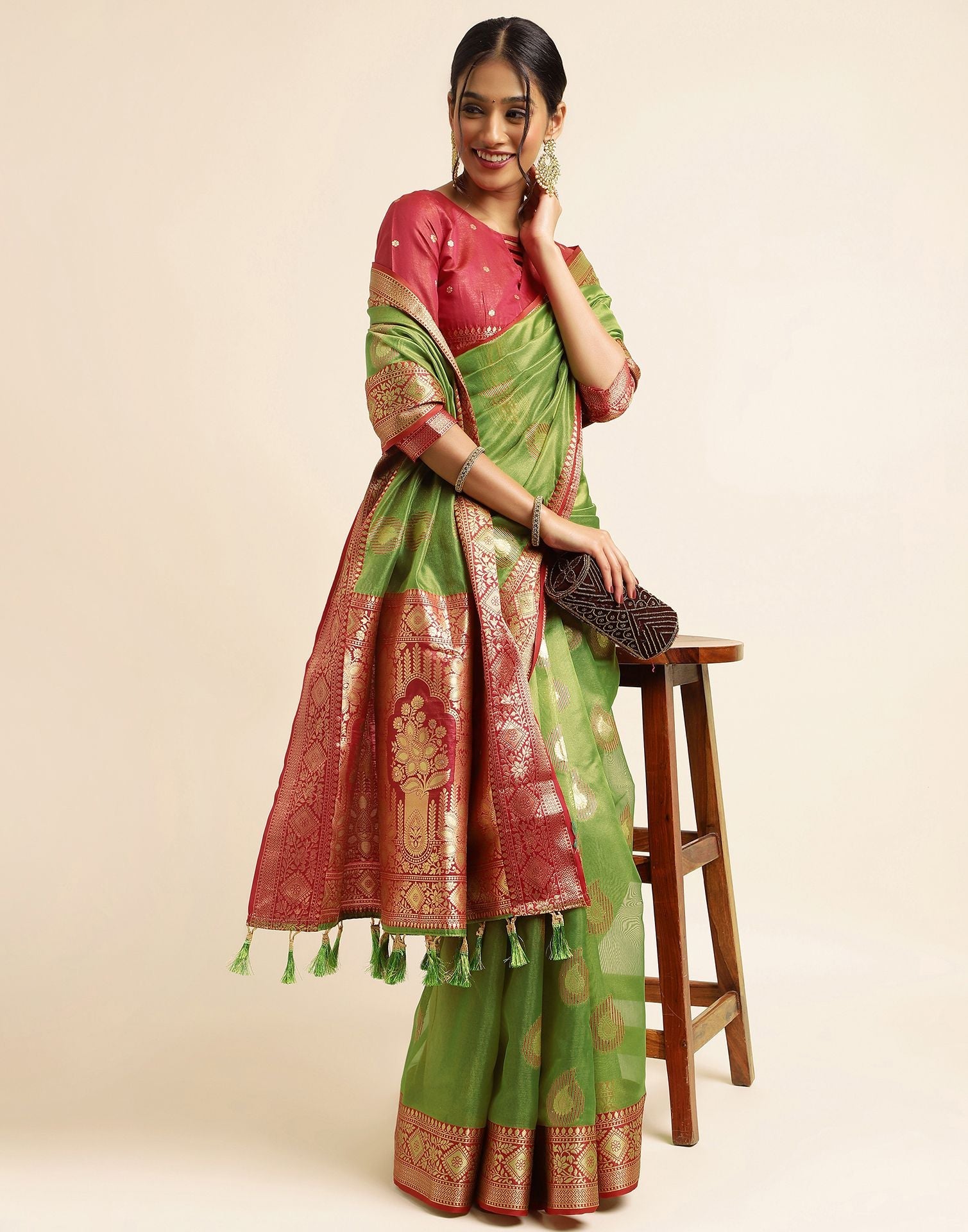 Olive Green Silk Banarasi Saree | Leemboodi