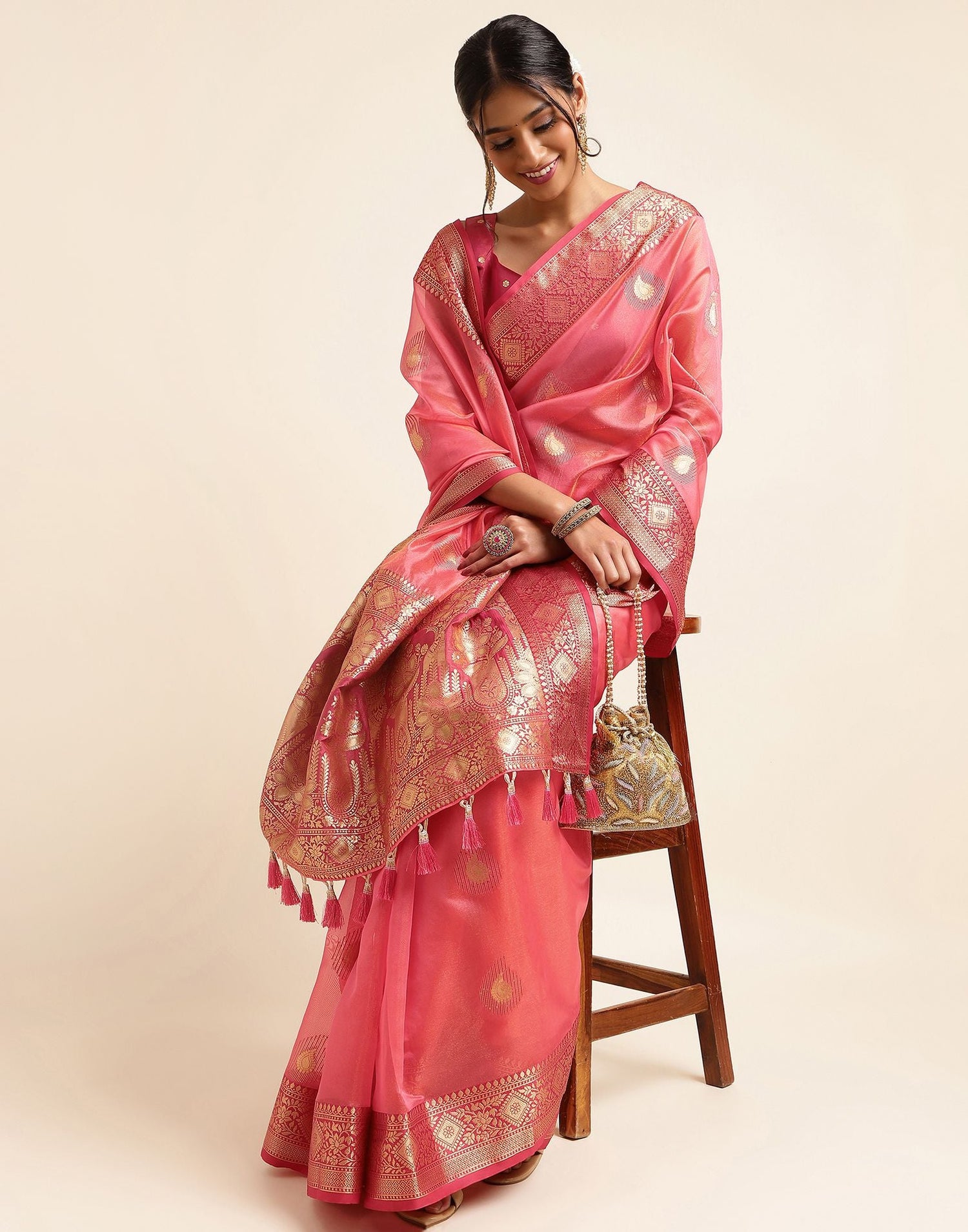 Rose Pink Silk Banarasi Saree | Leemboodi