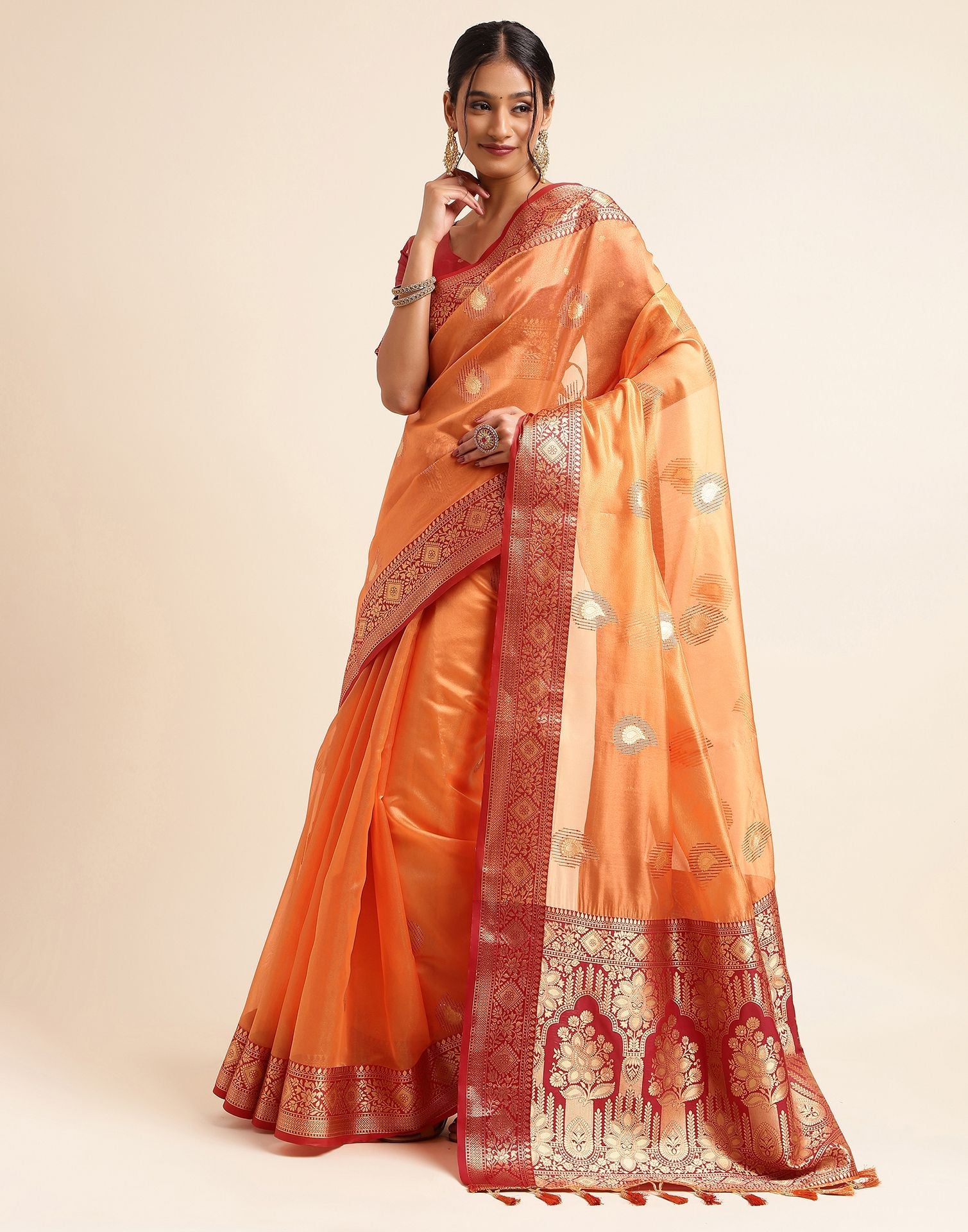 Orange Silk Banarasi Saree | Leemboodi