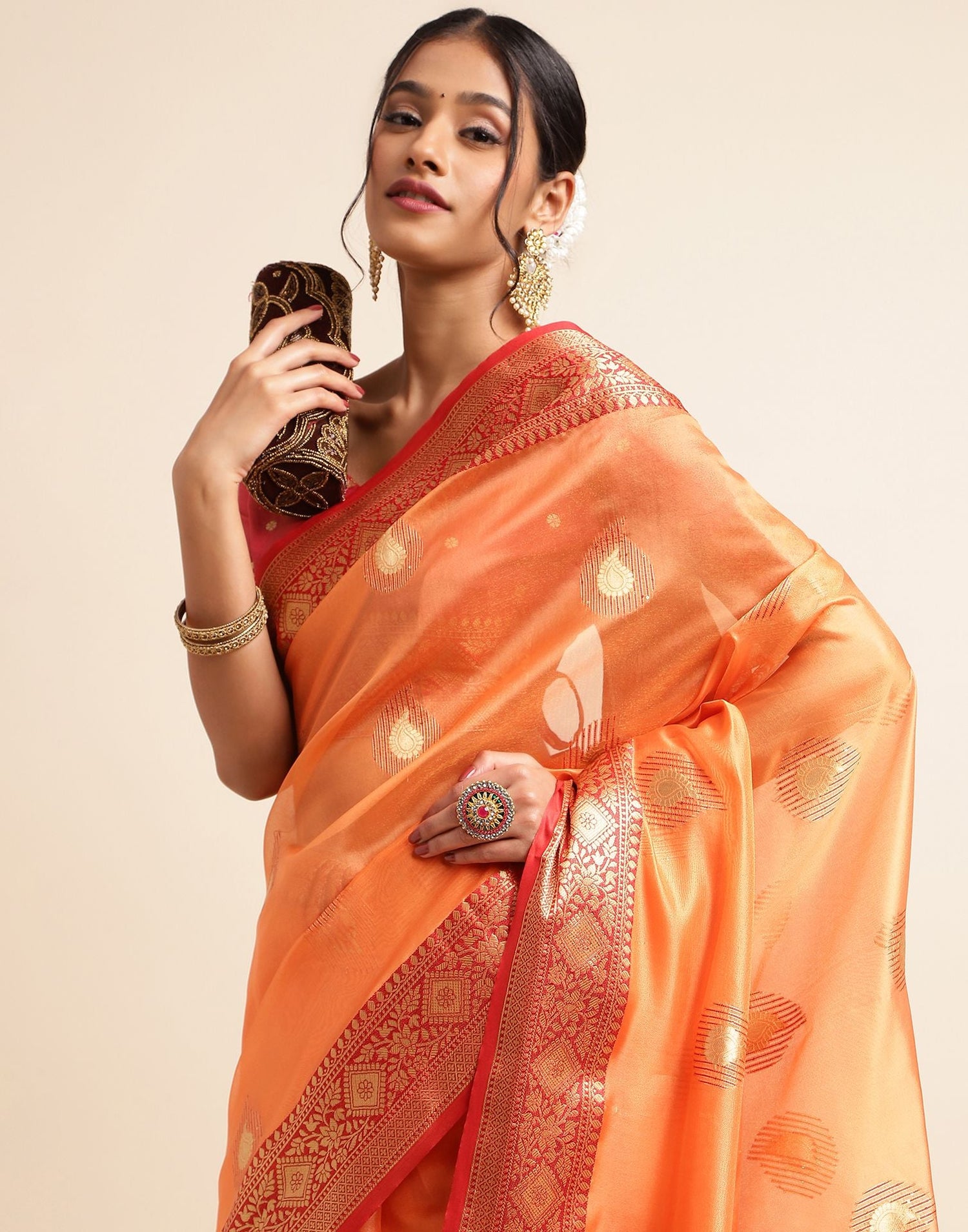 Orange Silk Banarasi Saree | Leemboodi