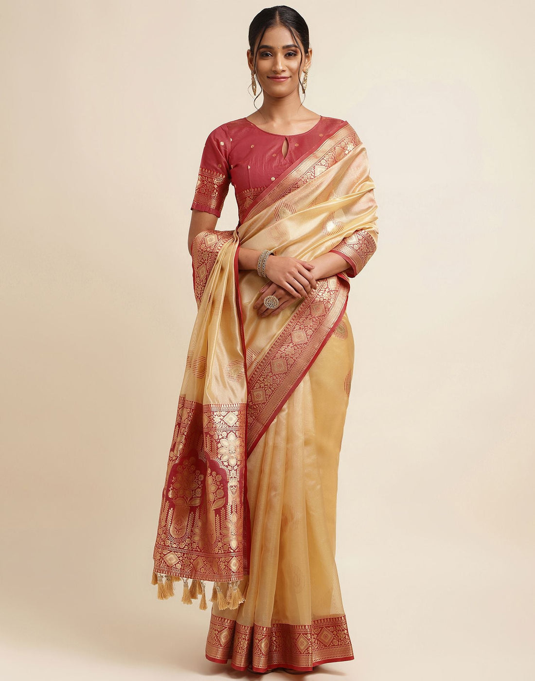 Beige Silk Banarasi Saree | Leemboodi