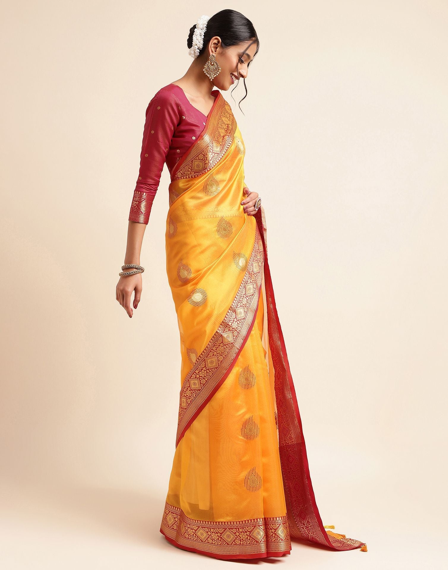 Turmeric Yellow Silk Banarasi Saree | Leemboodi