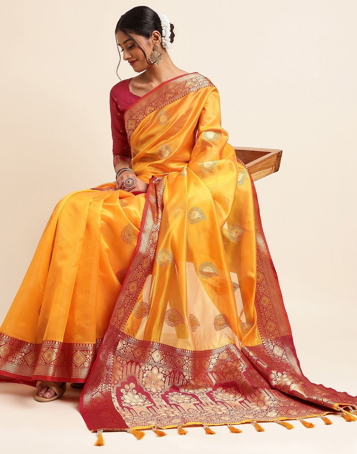 Turmeric Yellow Silk Banarasi Saree | Leemboodi