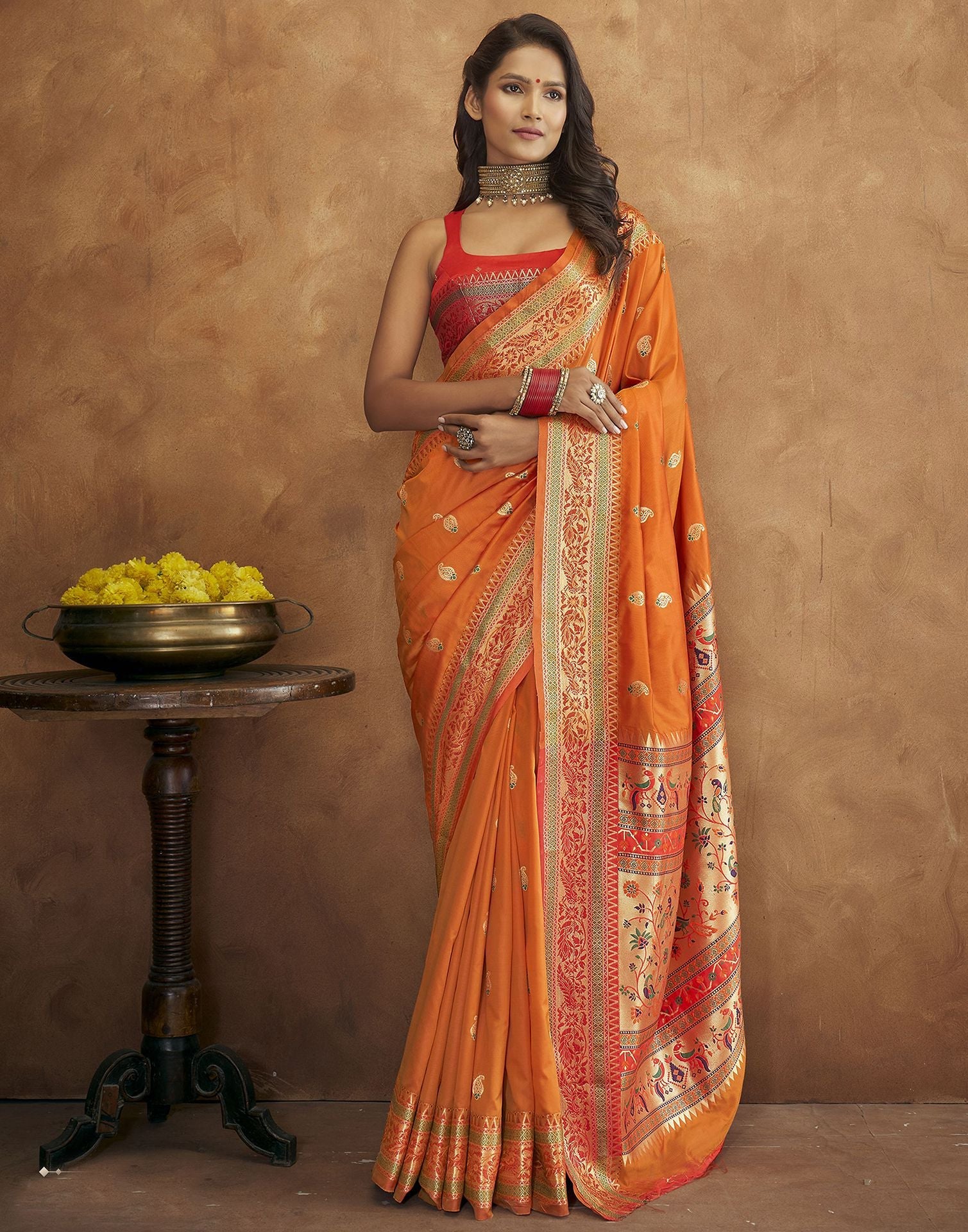 Orange Banarasi Silk Saree | Leemboodi