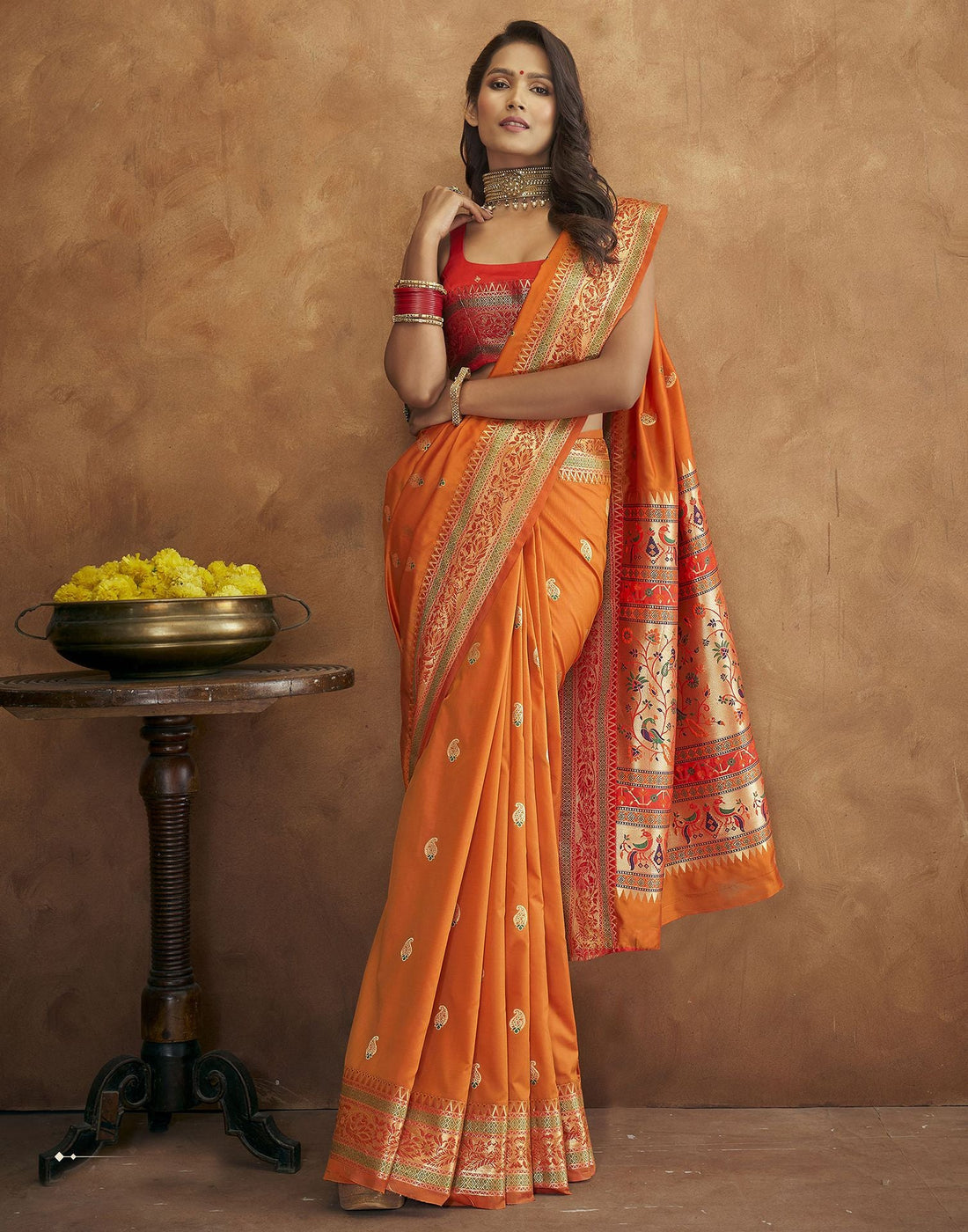 Orange Banarasi Silk Saree | Leemboodi